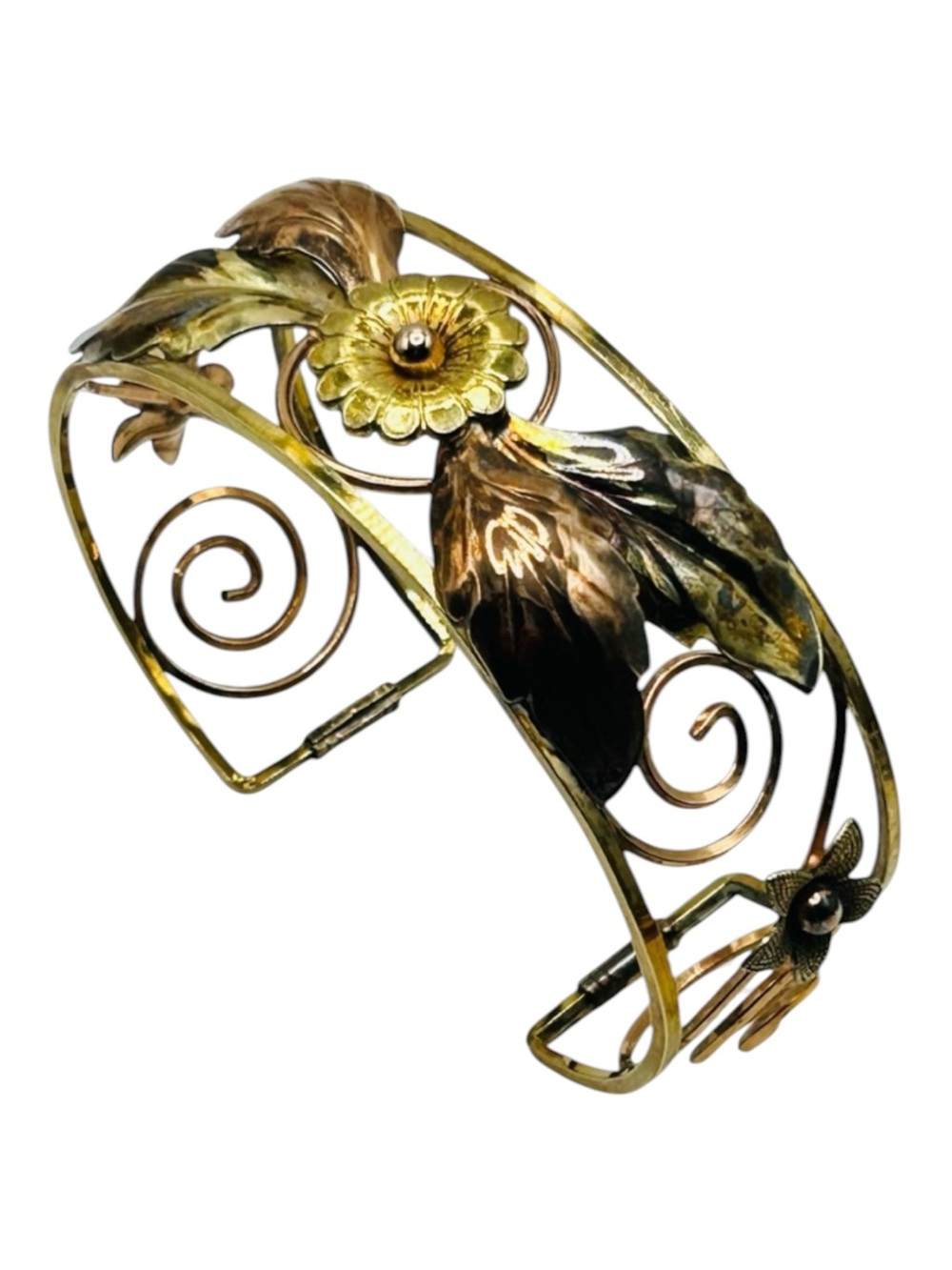 Vintage Krementz Leaf and Flower Cuff Bracelet 14K Gold Filled